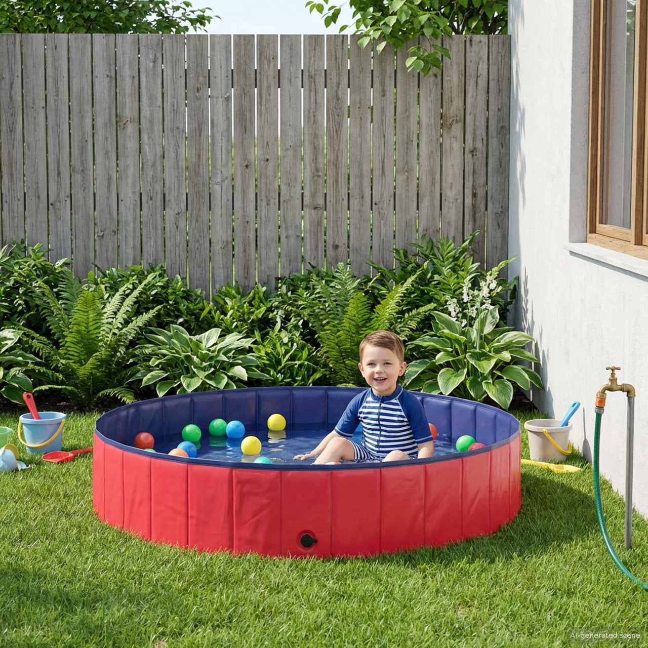 Piscina infantil roja y azul de 160 cm de diámetro y 30 cm de altura, ideal para el jardín.