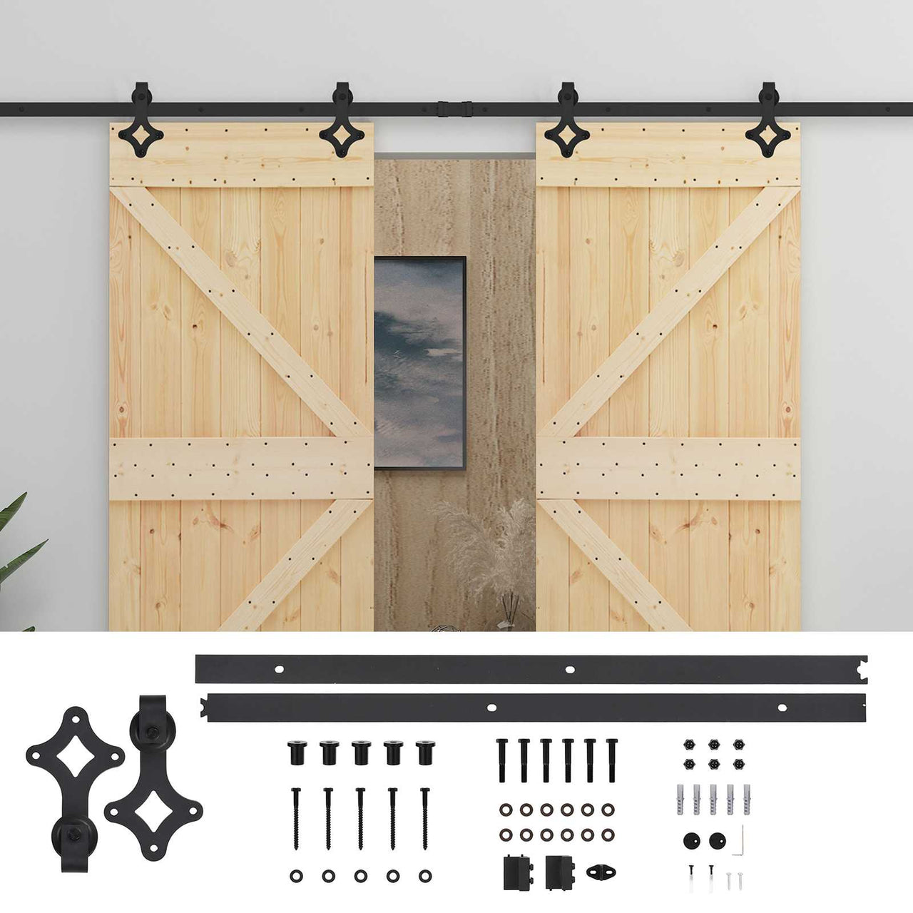 Porta de correr 2 pcs Natural e preto Madeira de Pinho Maciça 