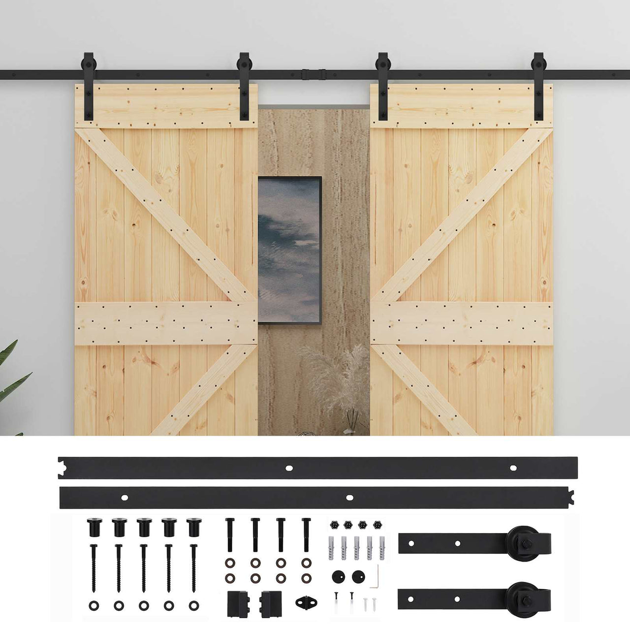 Porta de correr 2 pcs Natural e preto Madeira de pinho maciça 