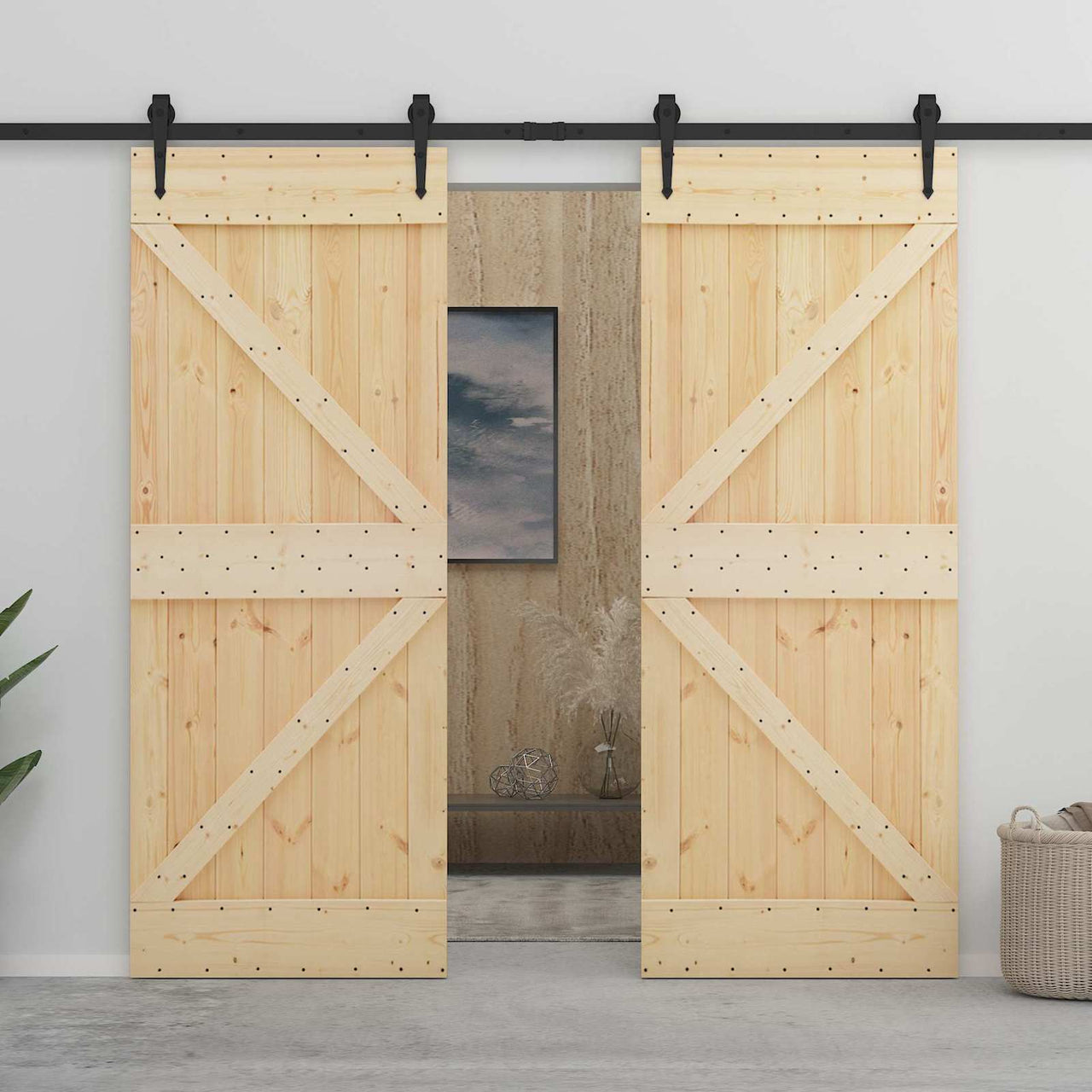 Porta de correr 2 pcs Natural e preto Madeira de pinho maciça 