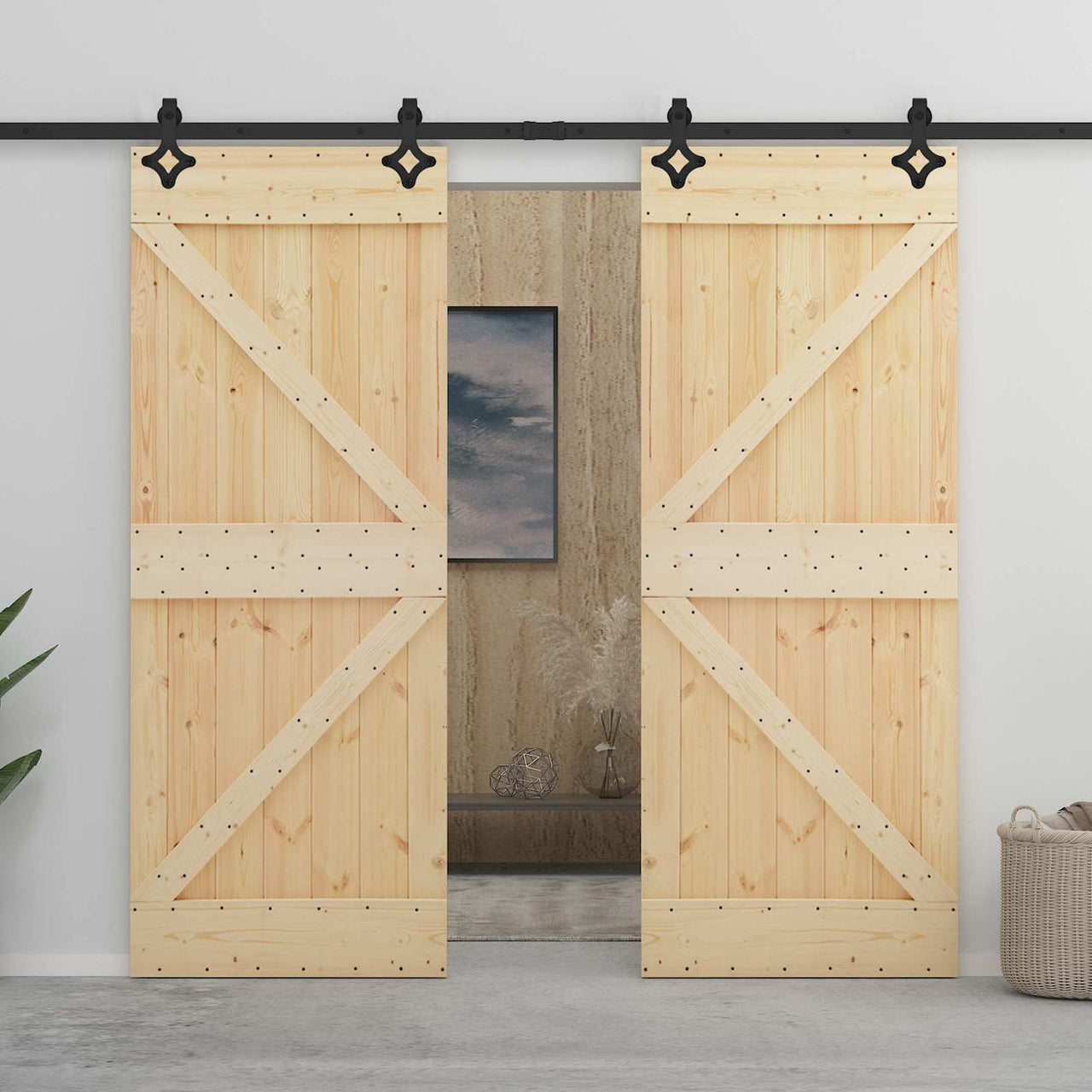 Porta de correr 2 pcs Natural e preto Madeira de pinho maciça 