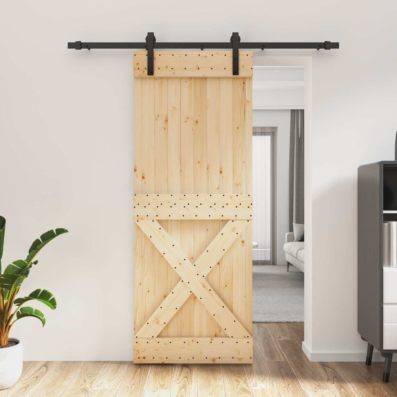 Porta de correr em madeira de pinho natural e preto 80 x 210 cm 