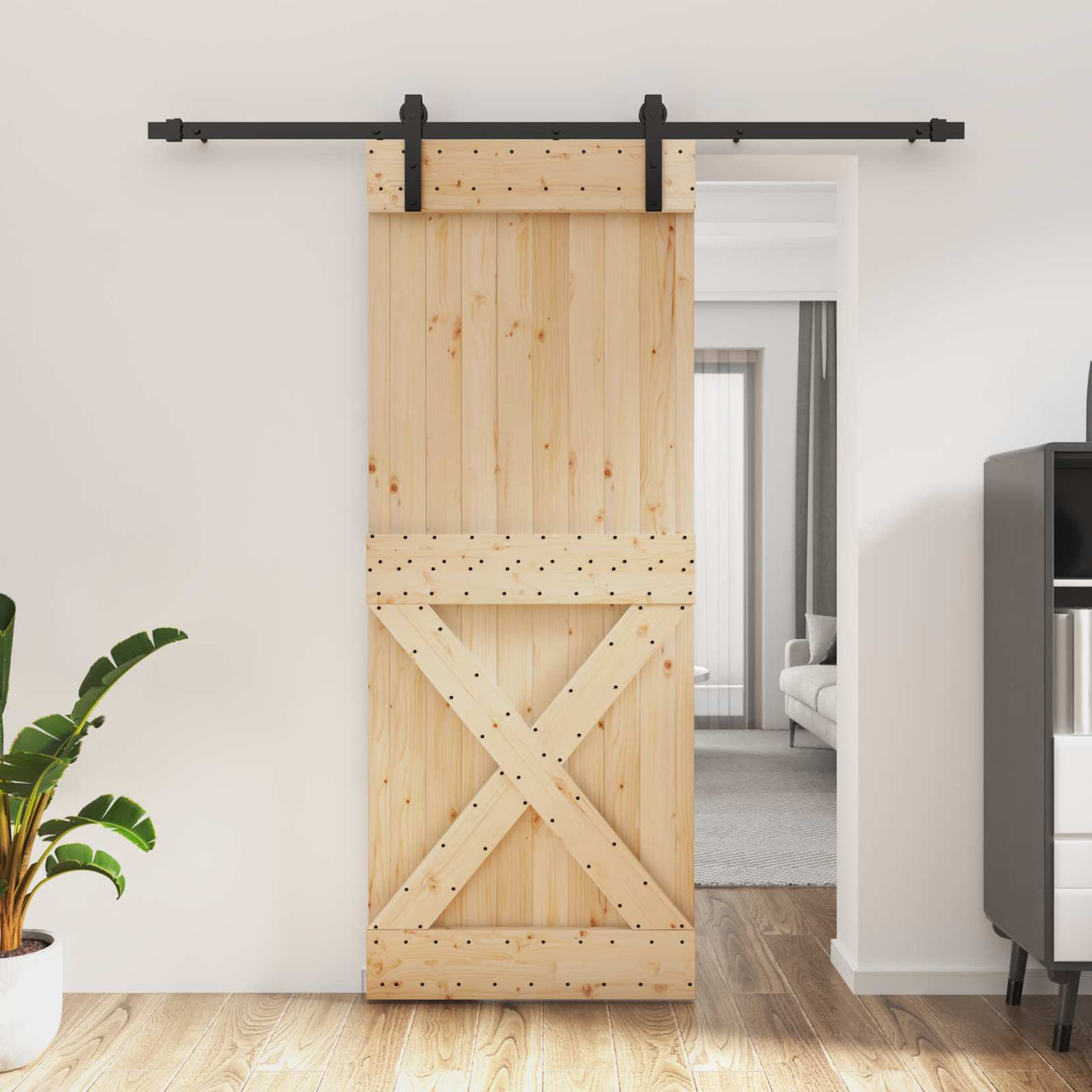 Porta de correr em madeira de pinho natural e preta 80 x 210 cm 