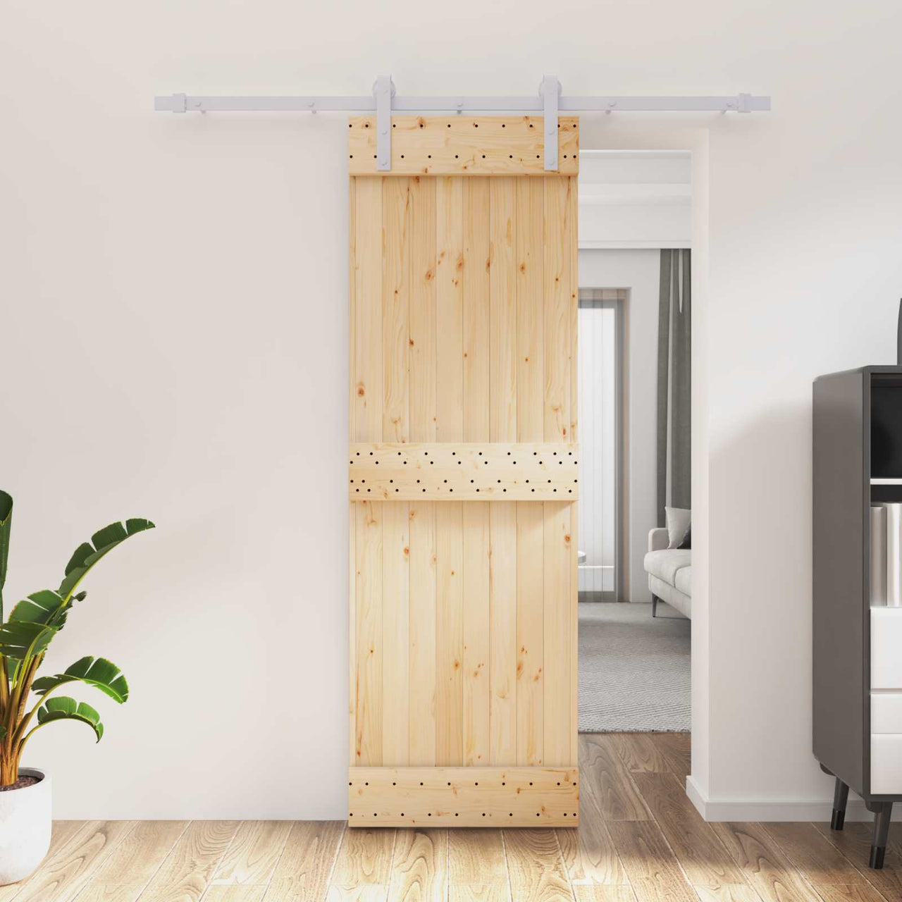 Porta de correr em madeira de pinho natural e branca 70 x 210 cm 