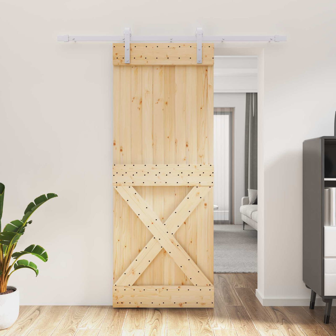 Porta de Correr em Madeira de Pinheiro Natural e Branco 80 x 210 cm 