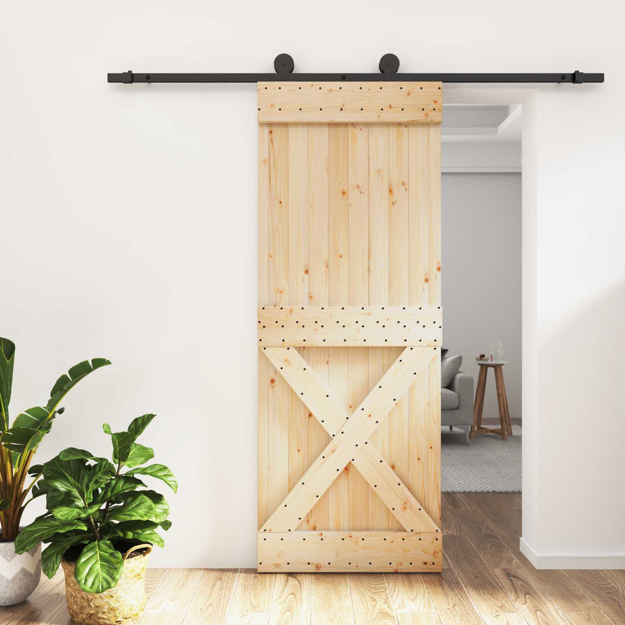 Porta de correr em madeira de pinho natural e preto 80 x 210 cm 
