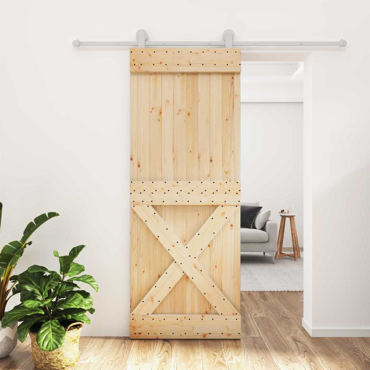 Puerta Corredera Madera de Pino Natural y Blanco 80 x 210 cm