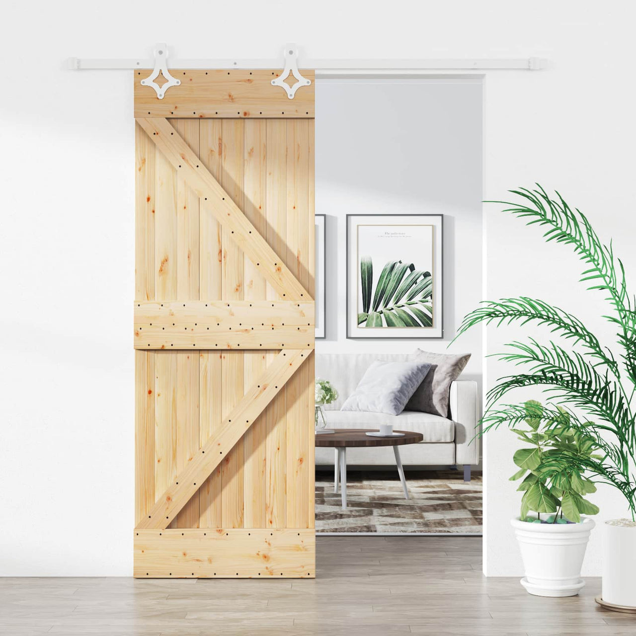Puerta Corredera Madera de Pino Natural y Blanco 80 x 210 cm