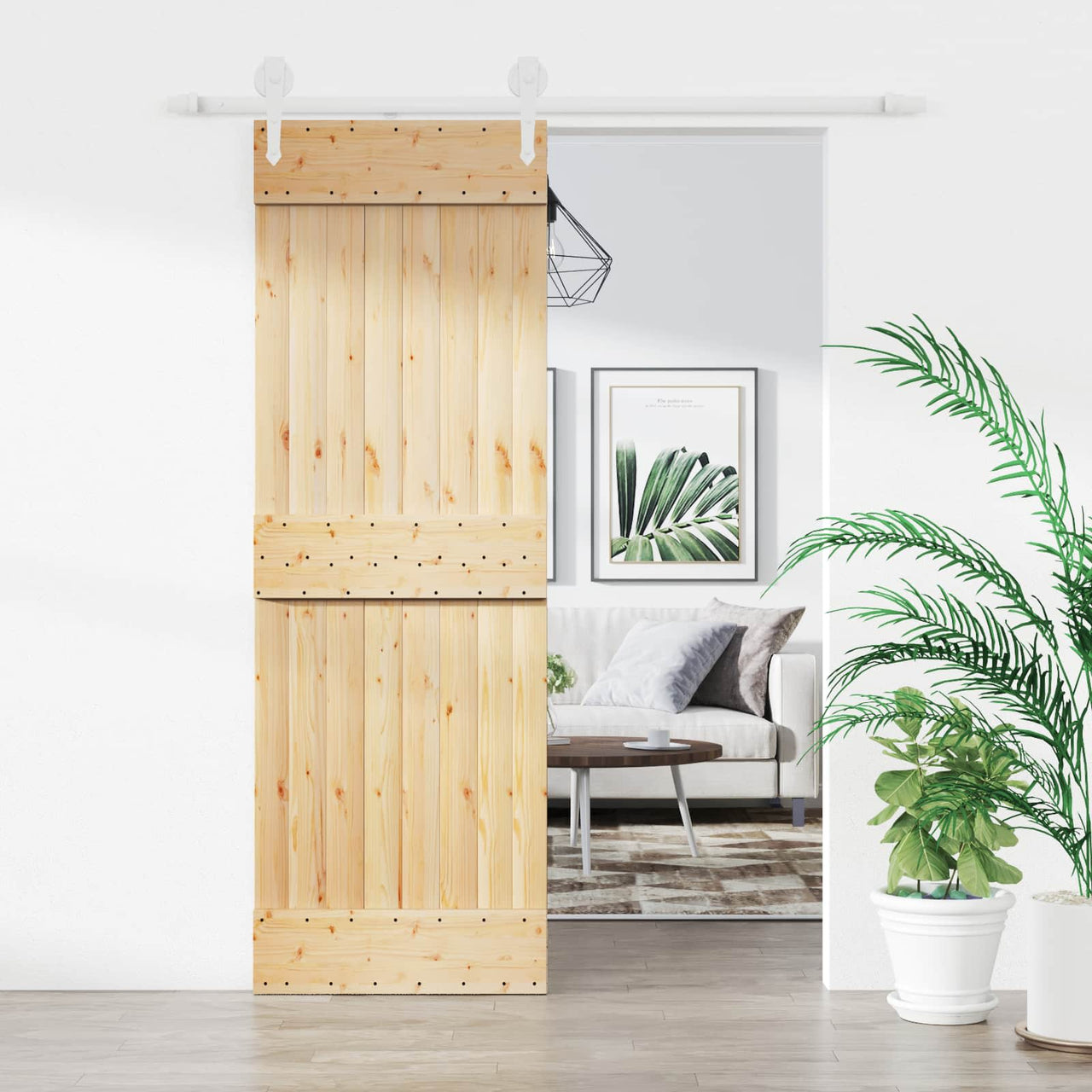 Porta de correr em madeira de pinho natural e branco 70 x 210 cm 