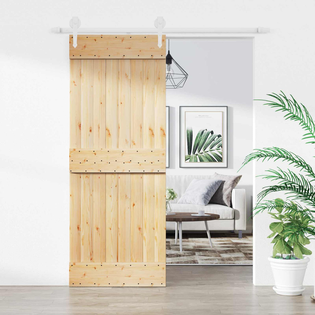 Puerta Corredera Madera de Pino Natural y Blanco 80 x 210 cm