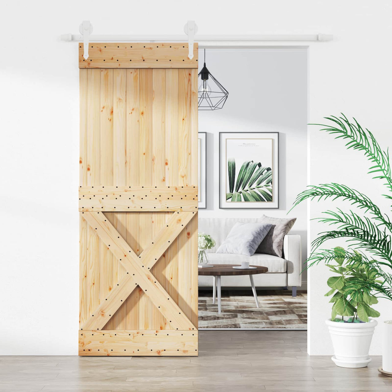 Porta de correr em madeira de pinho natural e branco 80 x 210 cm 