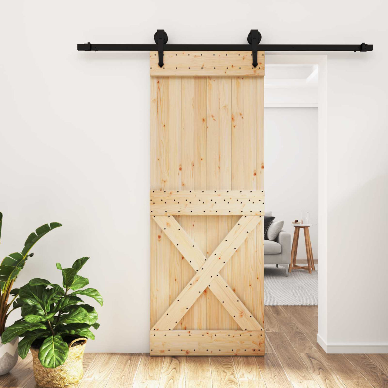 Porta de correr em madeira de pinho natural e preto 80 x 210 cm 