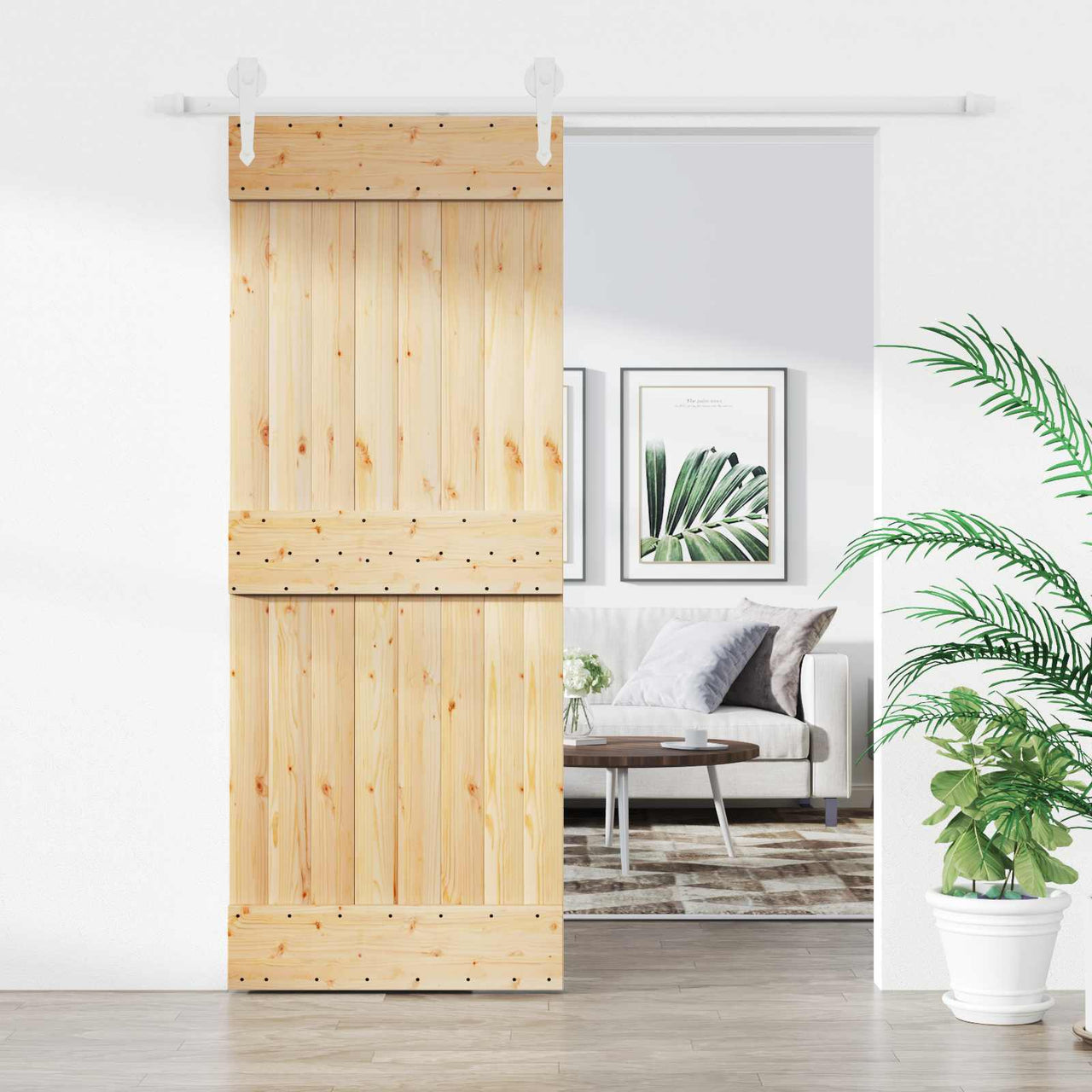 Puerta Corredera Madera de Pino Natural y Blanco 80 x 210 cm