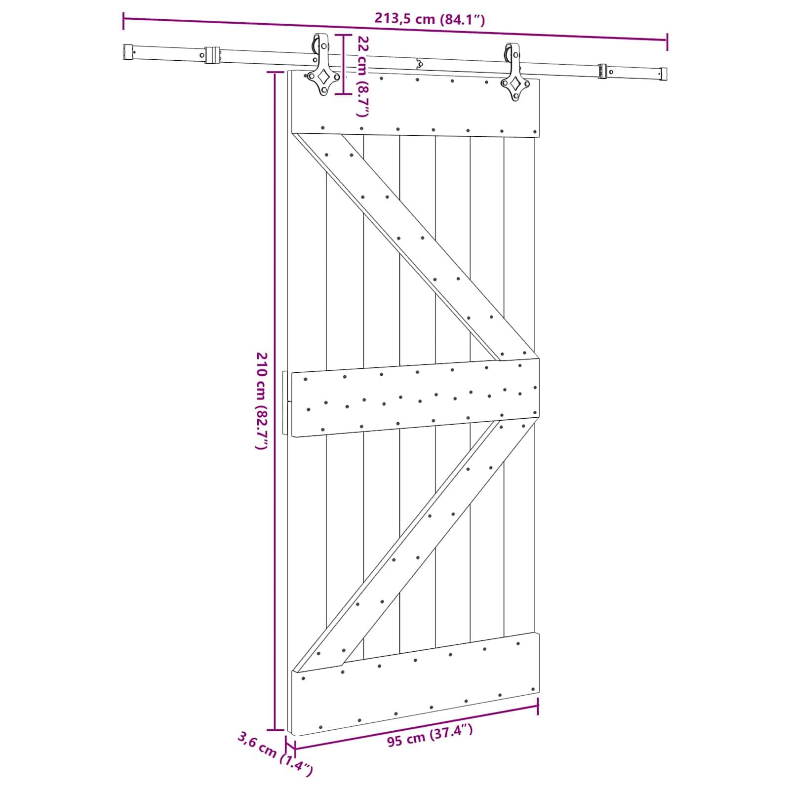 Puerta corredera Narvik en color natural y negro, dimensiones 95 x 210 cm, ideal para jardines y exteriores.