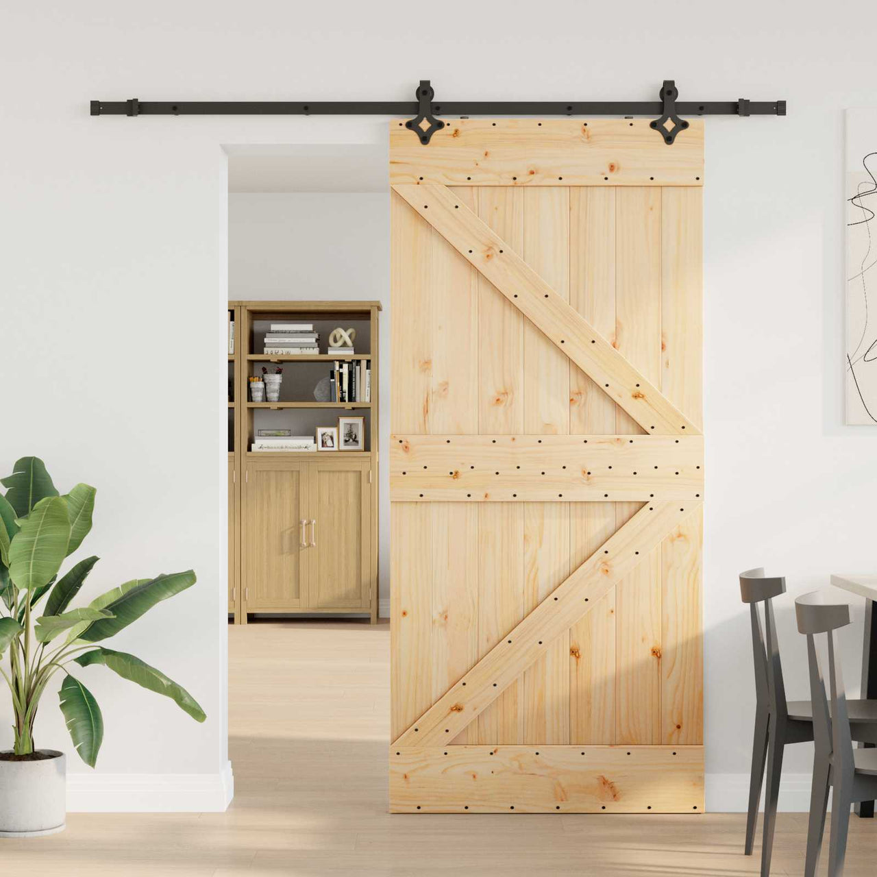 Puerta corredera Narvik en color natural y negro, ideal para jardines y exteriores, medidas 80 x 210 cm.