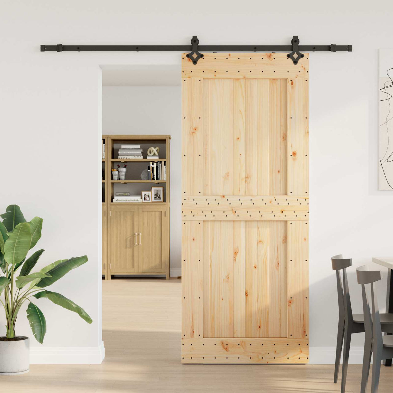 Puerta corredera Narvik en color natural y negro, medidas 95 x 210 cm, ideal para jardines y exteriores.