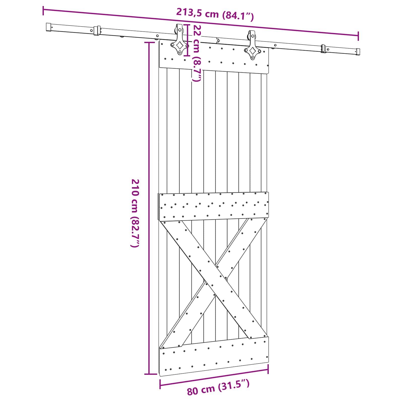 Puerta corredera Narvik en color natural y negro, ideal para jardines y exteriores, dimensiones 80 x 210 cm.