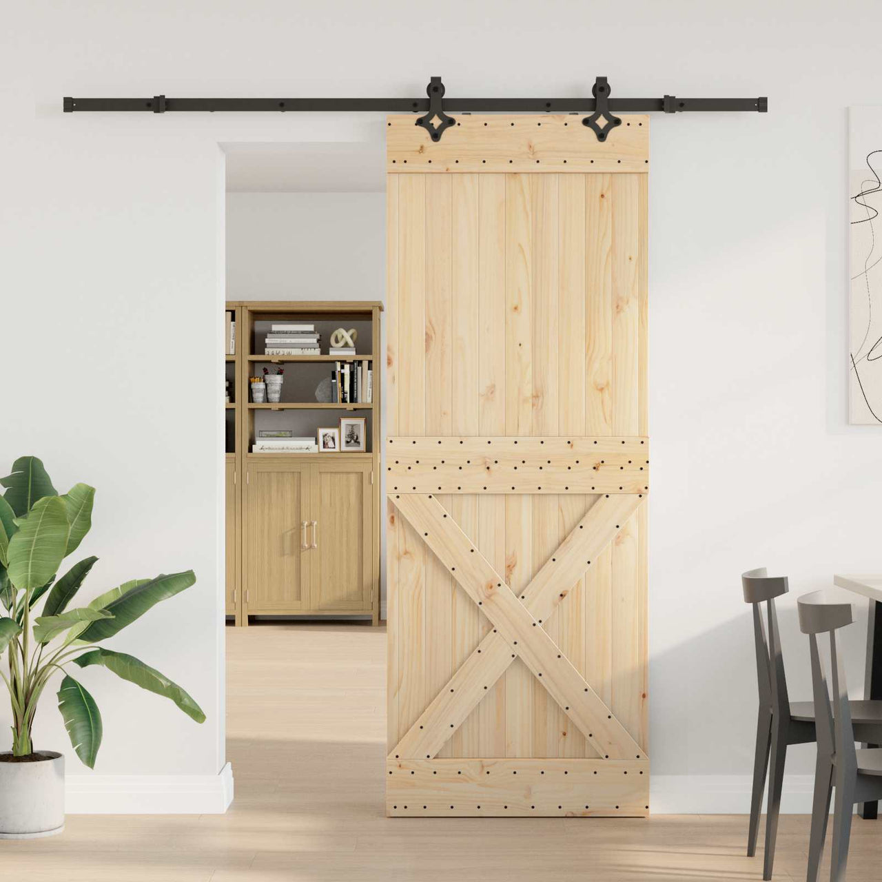 Puerta corredera Narvik en color natural y negro, medidas 85 x 210 cm, ideal para jardines y exteriores.