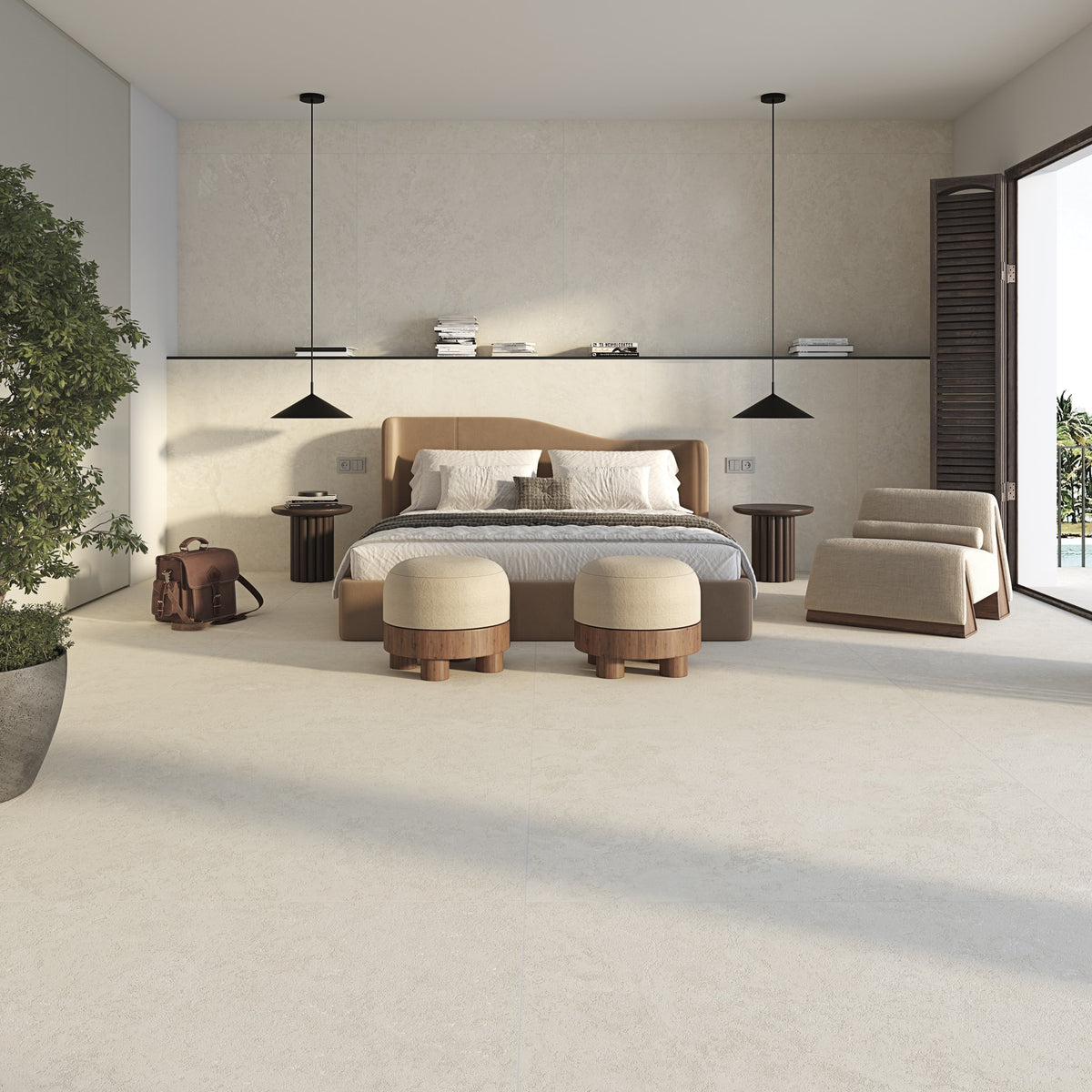 Ambiente salón con suelo efecto piedra Lucca Blanco - Vetonek