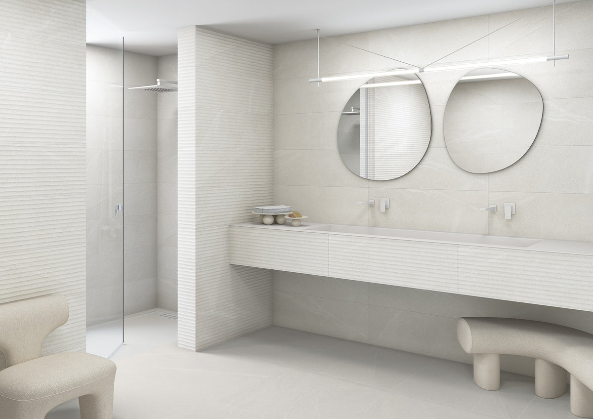 Ambiente baño con suelo efecto piedra Siena Blanco - Vetonek
