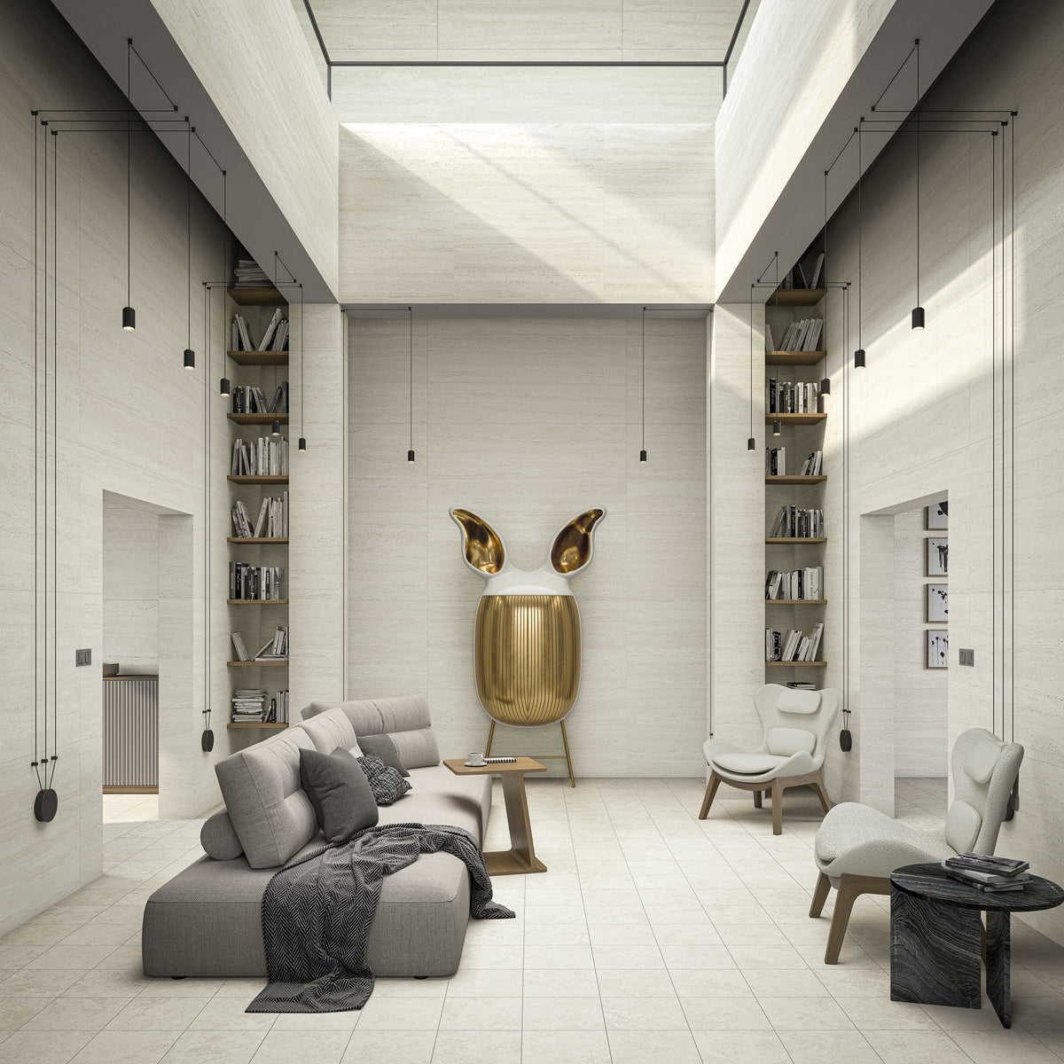 Ambiente salón con suelo efecto piedra Parma Blanco - Vetonek