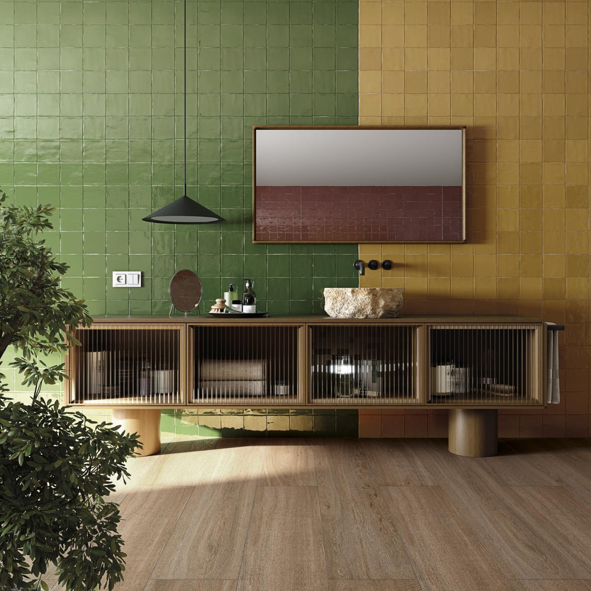 Salón con pavimento efecto madera Livigno Chipper - Vetonek
