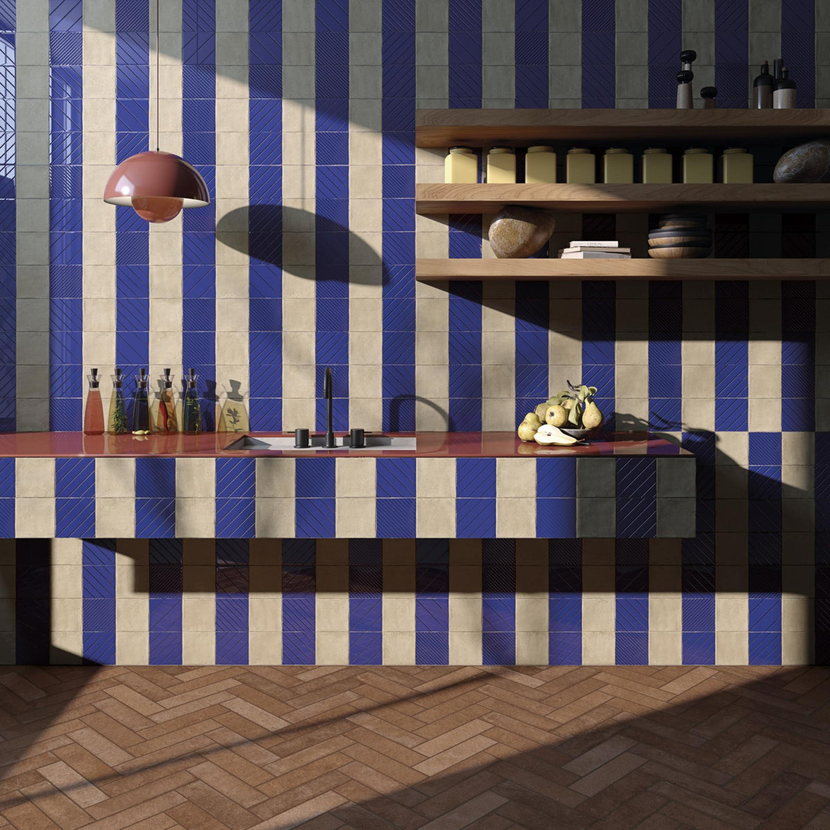 Wohnzimmer mit Verkleidung in Schlammoptik Lecce Gallipoli Blau und Mellow - Vetonek