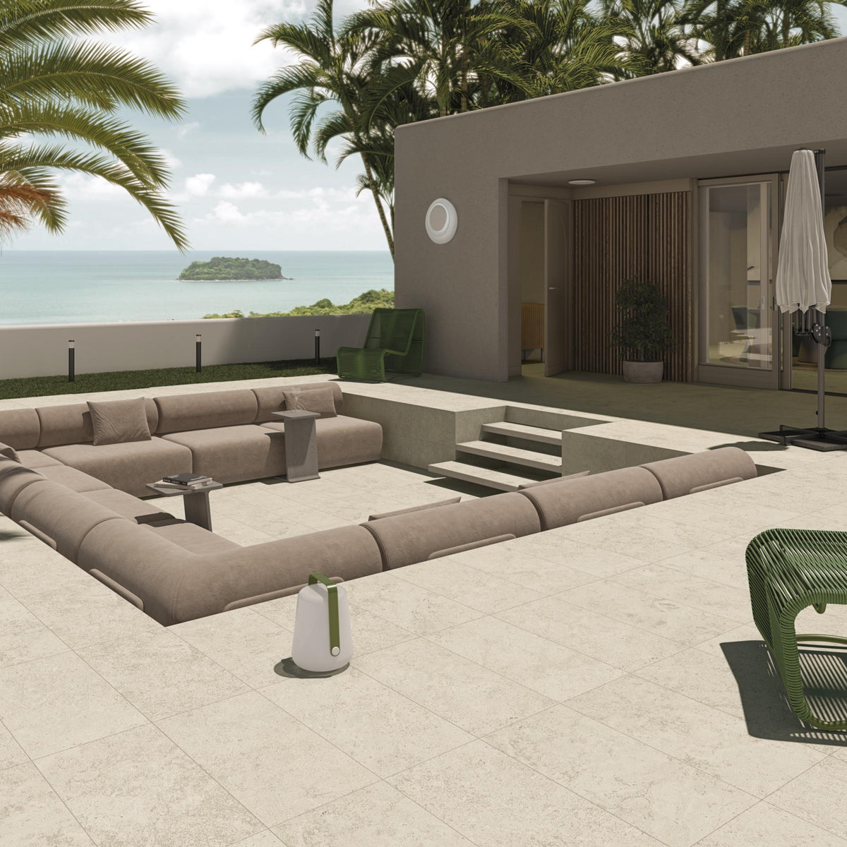 Ambiente exterior con suelo efecto piedra Lucca Natural - Vetonek
