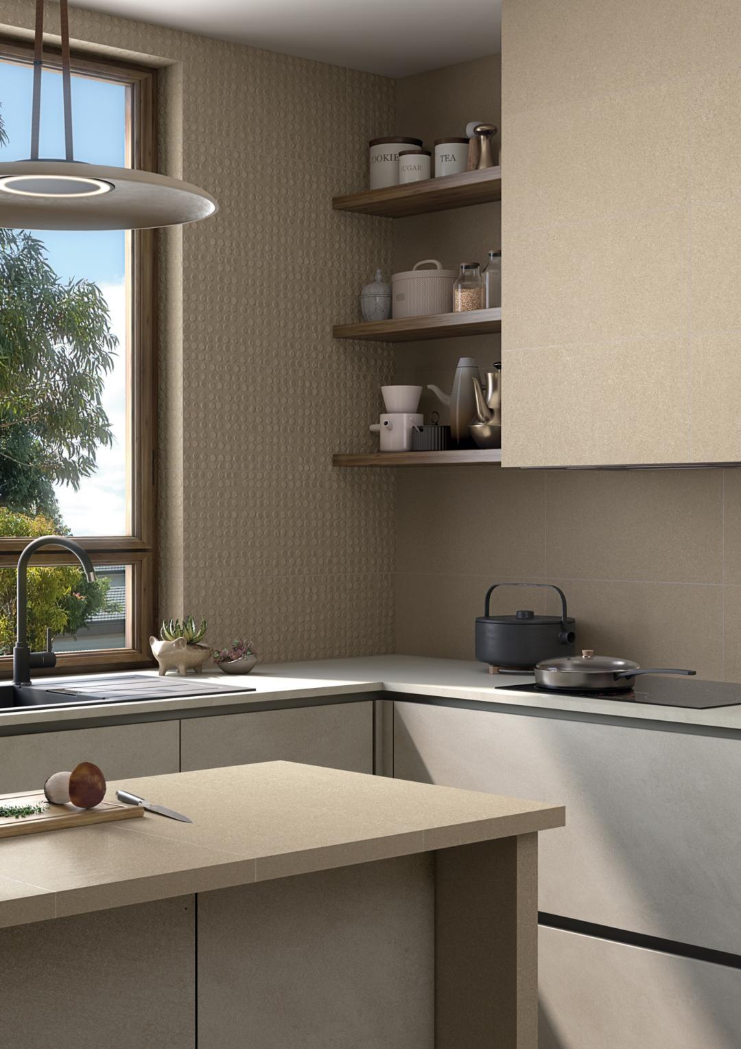 Ambiente cocina con suelo efecto cemento Treviso Beige - Vetonek