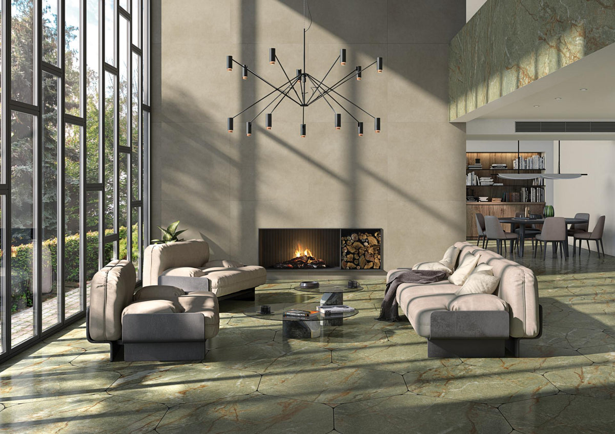 Ambiente salón con suelo efecto cemento Torino Beige - Vetonek