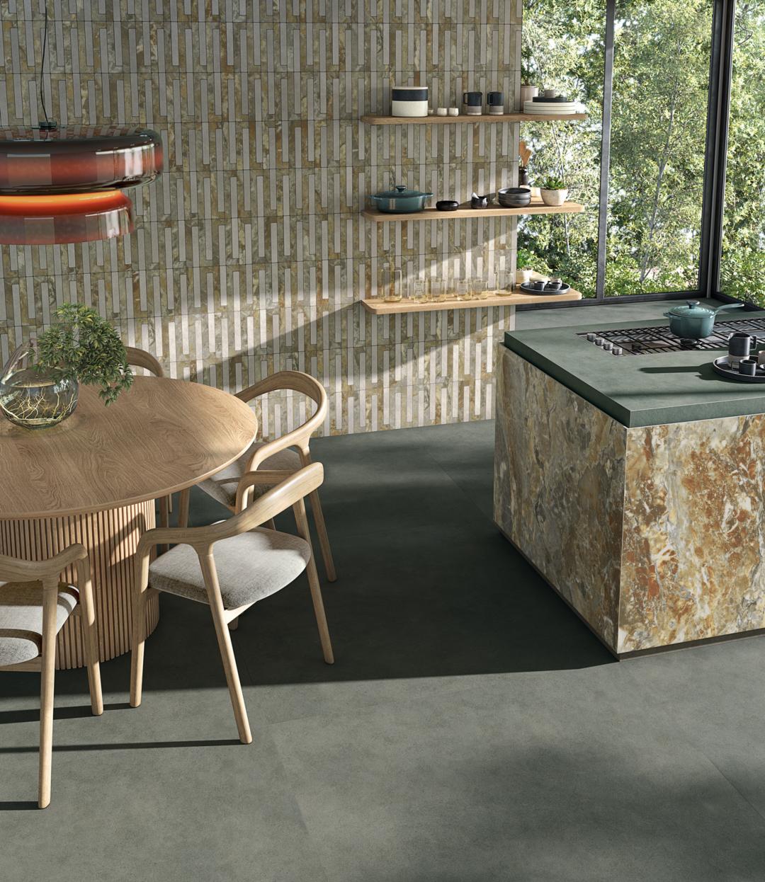 Ambiente cocina con suelo efecto cemento Torino Antracita y Ceniza - Vetonek