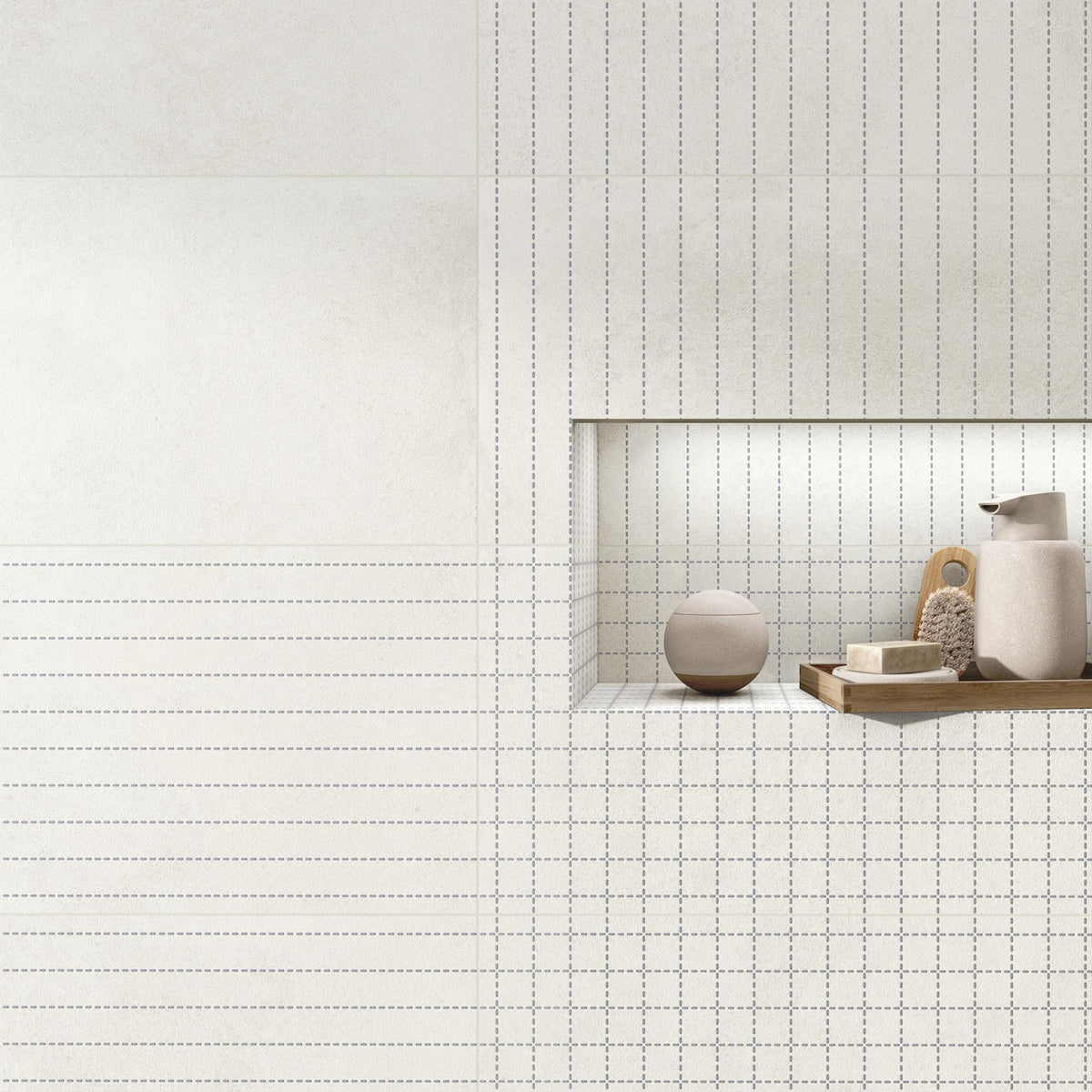 Ambiente salón con revestimiento efecto cemento Como Blanco - Vetonek