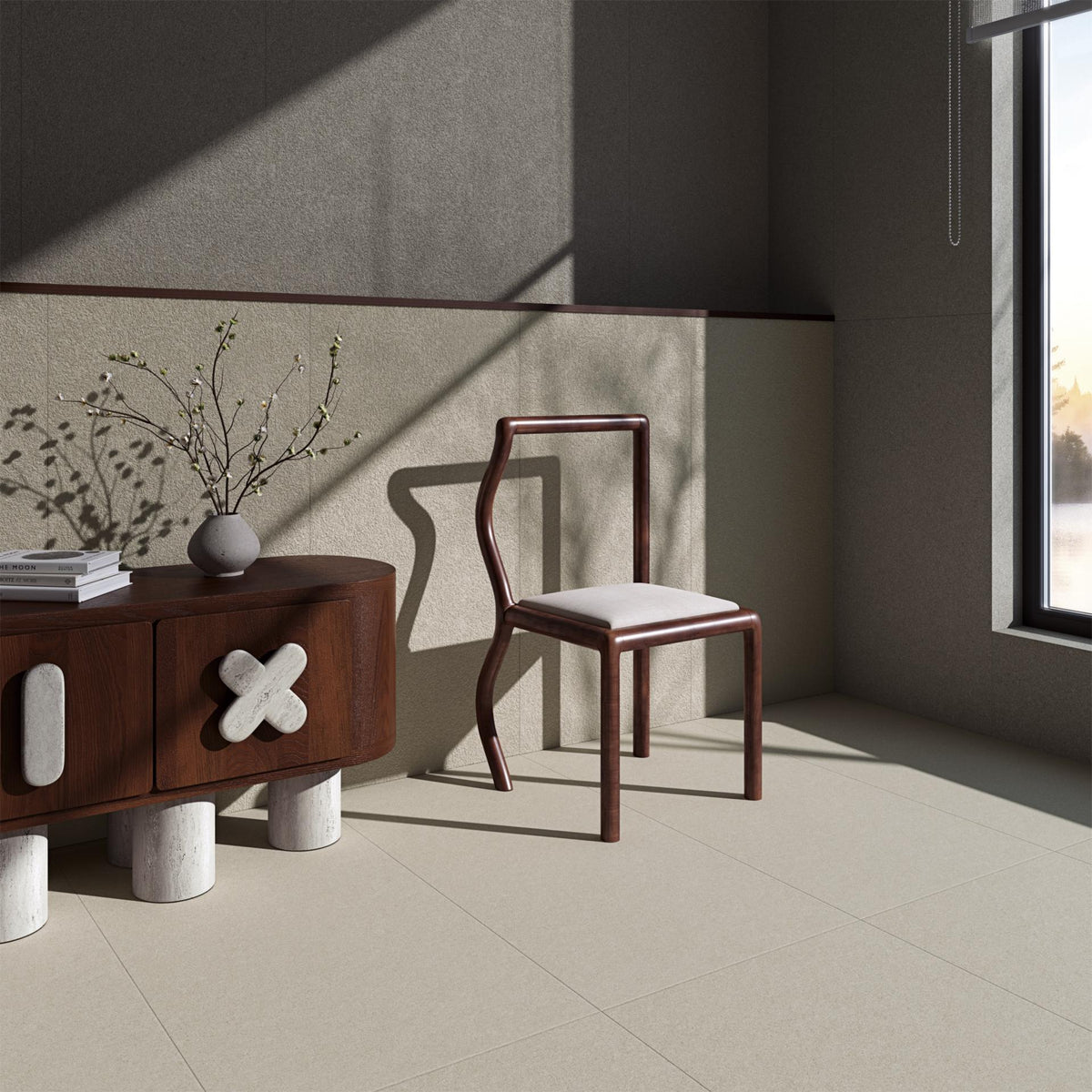 Ambiente salón con suelo efecto cemento Treviso Greige y Cloud - Vetonek
