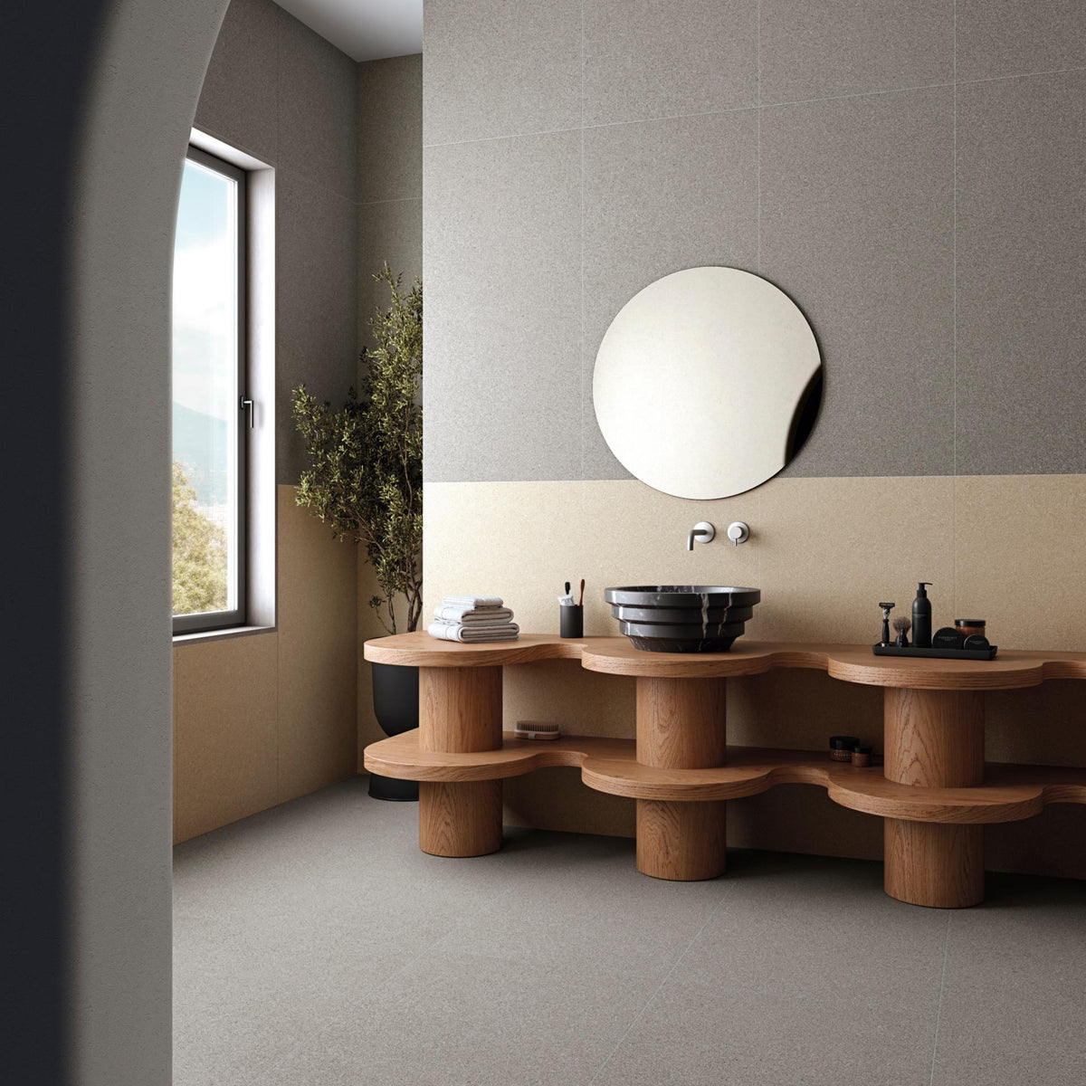 Ambiente baño con suelo efecto cemento Treviso Cloud y Beige - Vetonek