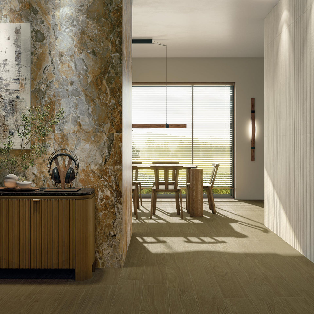 Ambiente salón con suelo efecto madera Tarvisio Noce - Vetonek