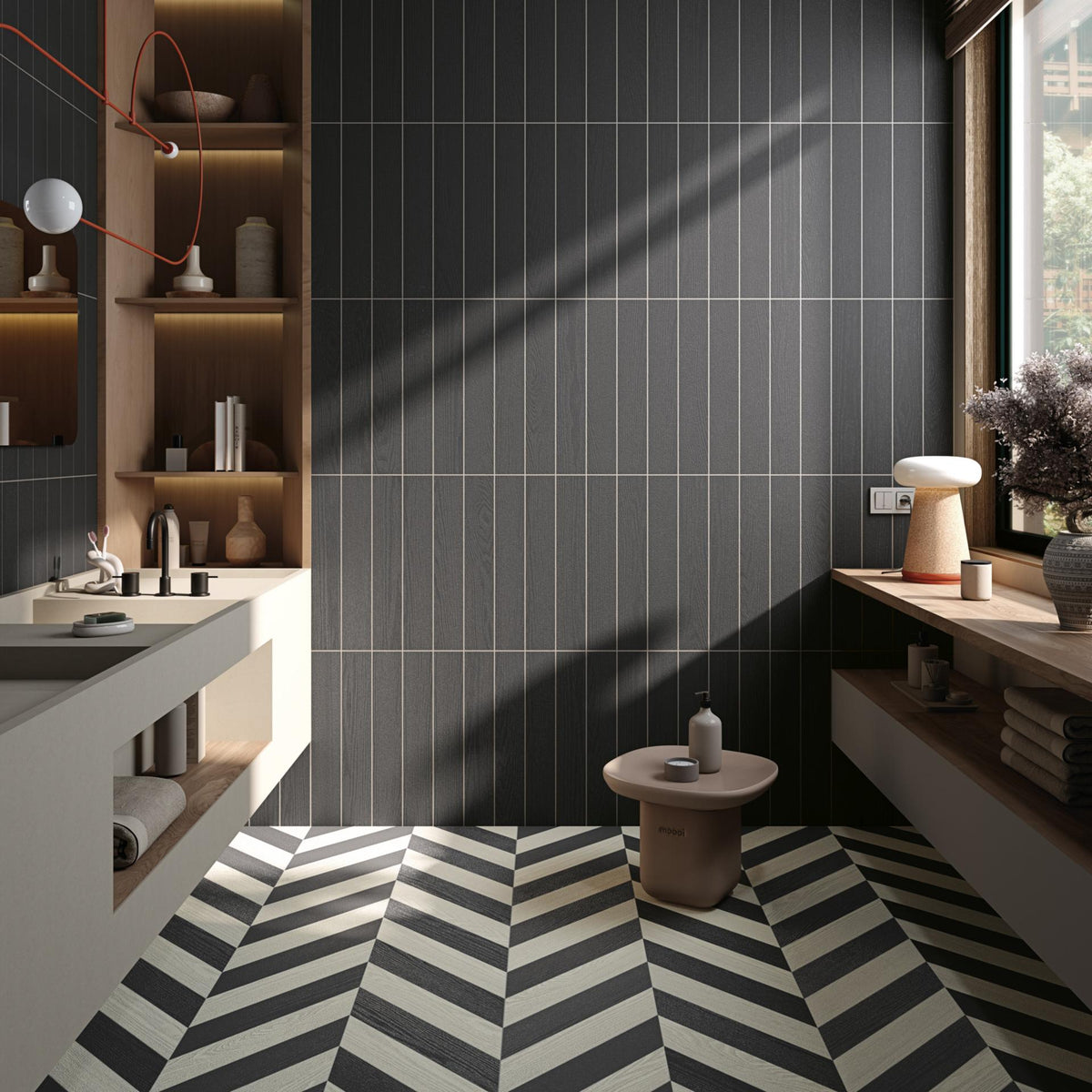 Ambiente baño con suelo efecto madera Tarvisio Blanco y Negro en espiga - Vetonek