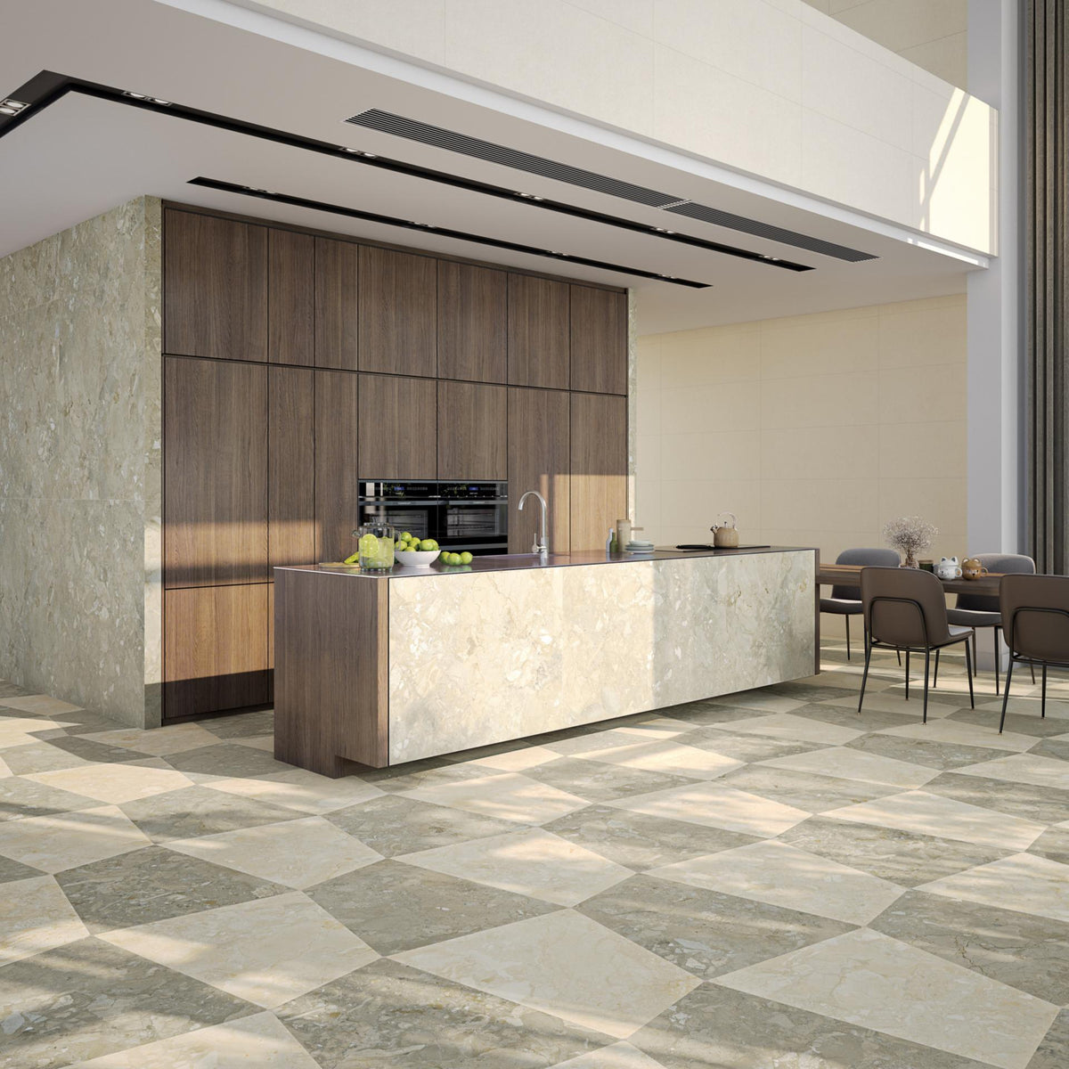 Ambiente cocina con revestimiento efecto piedra Ischia Blanco y Greige - Vetonek