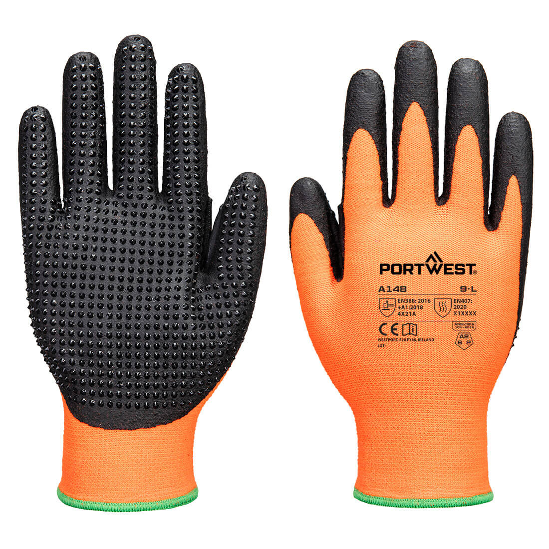 Grip 13 guante de nitrilo con puntos altos Naranja/Negro - Portwest A148