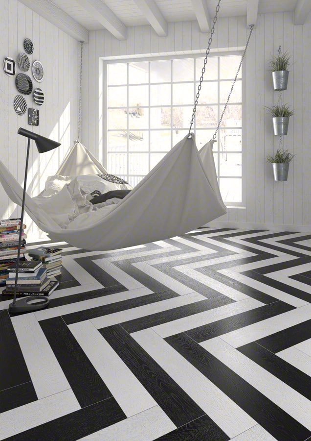 Ambiente salón con suelo efecto madera Trento Blanco y Negro - Vetonek