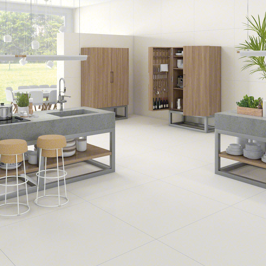 Ambiente salón con suelo porcelánico blanco Cervinia - Vetonek
