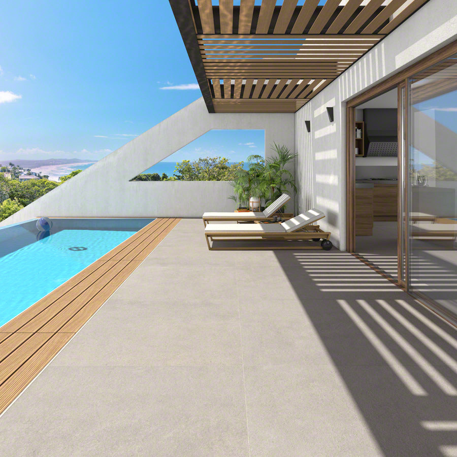 Ambiente piscina con suelo efecto cemento Modena Gris antideslizante - Vetonek