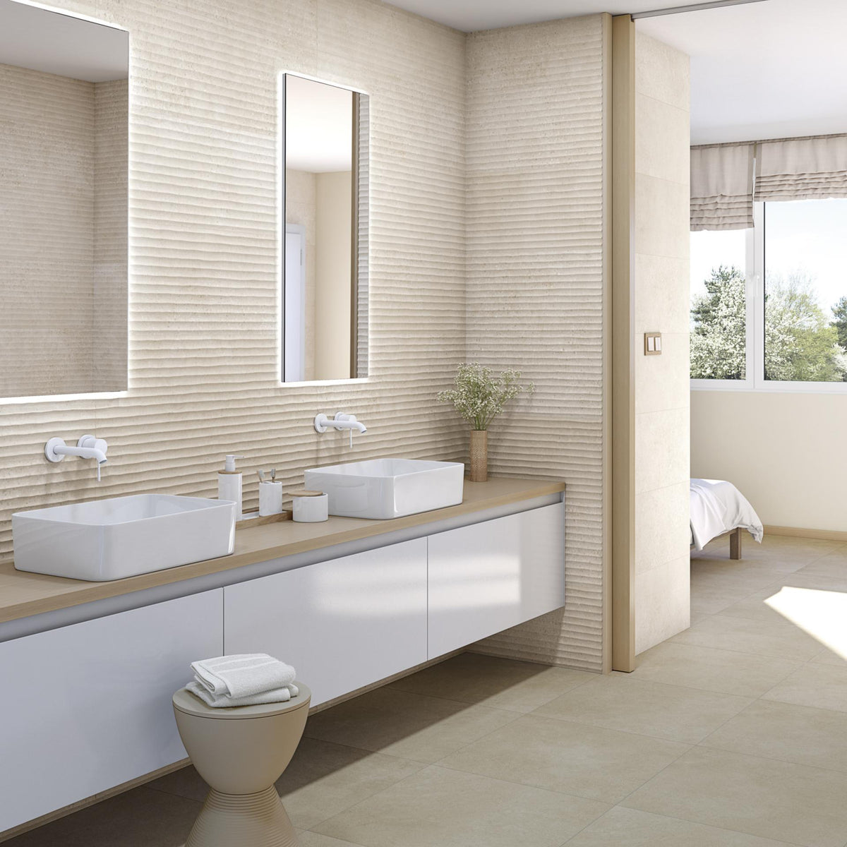 Ambiente baño con suelo efecto cemento Torino Beige - Vetonek