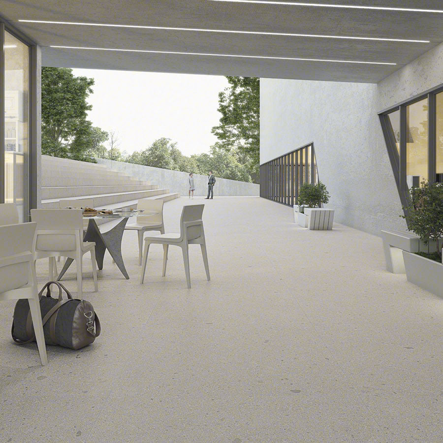 Ambiente exterior con suelo efecto piedra Gubbio Ceniza - Vetonek