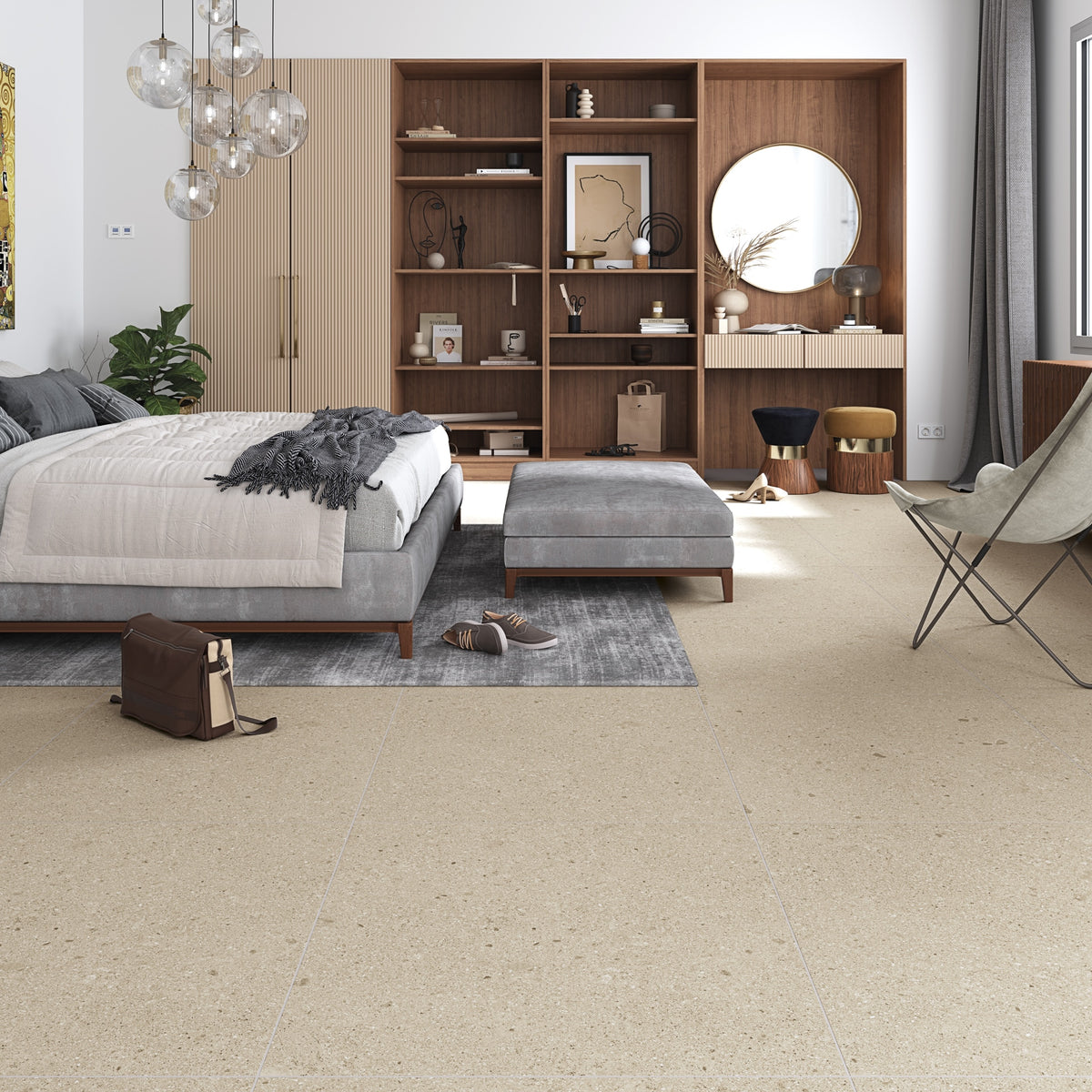 Ambiente salón con suelo efecto piedra Gubbio Crema - Vetonek