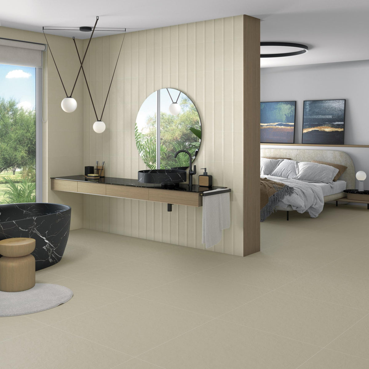 Ambiente baño con revestimiento efecto cemento Milano Sand - Vetonek