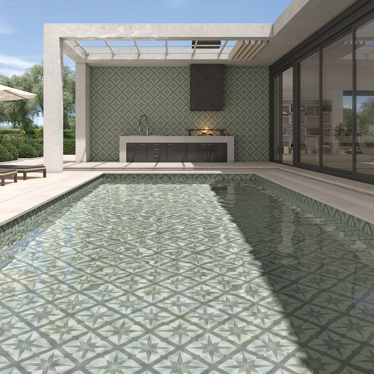 Ambiente piscina con azulejo porcelánico Bellagio Turquesa y Beige - Vetonek