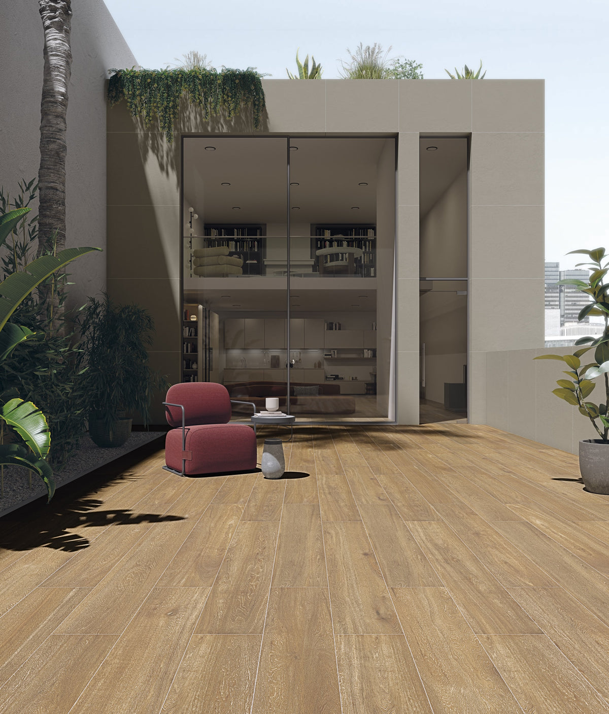Salón con pavimento efecto madera Sondrio Marrón - Vetonek