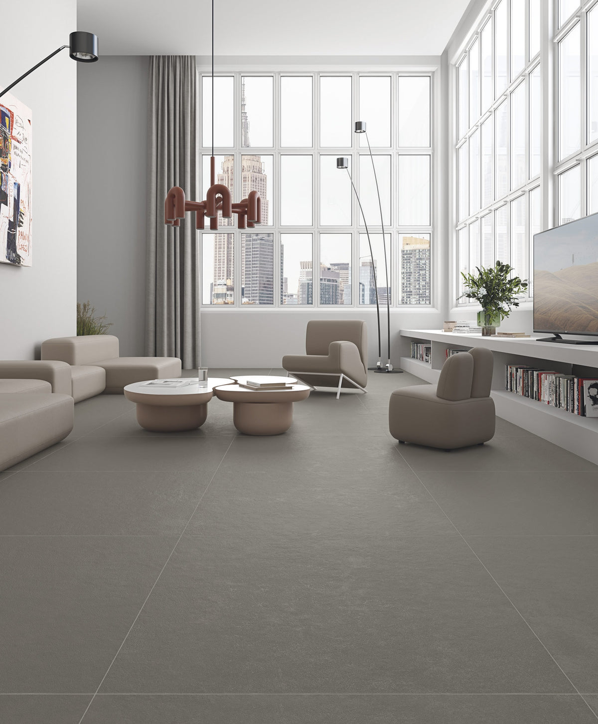 Ambiente salón con suelo efecto cemento Novara Grafito - Vetonek