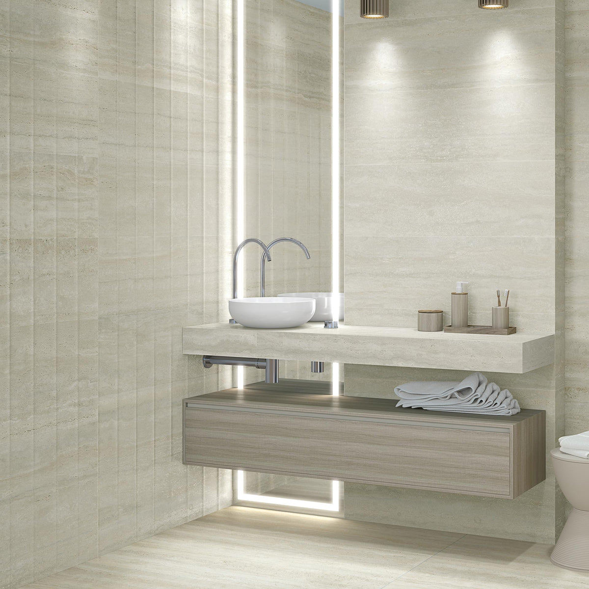 Ambiente baño con revestimiento efecto piedra Sirmione Natural y Relieve - Vetonek