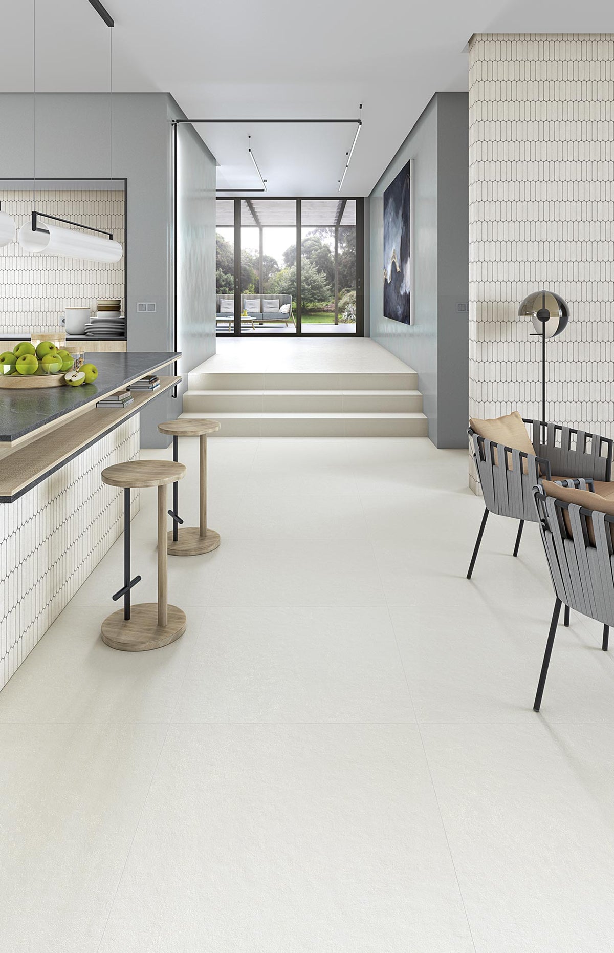 Ambiente cocina con suelo efecto cemento Novara Blanco - Vetonek